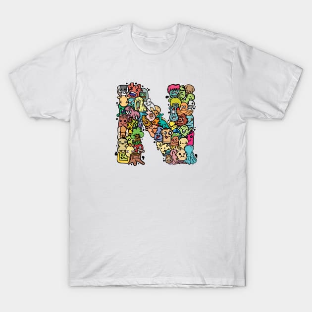 Alphabet Monster Doodle Letter N Monogram T-Shirt by Irene Koh Studio